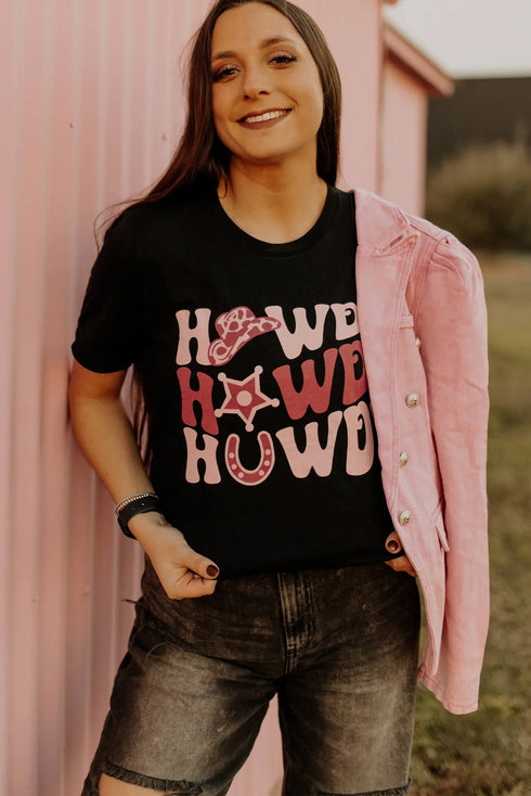Black Howdy Letter Graphic Print Short Sleeve T Shirt